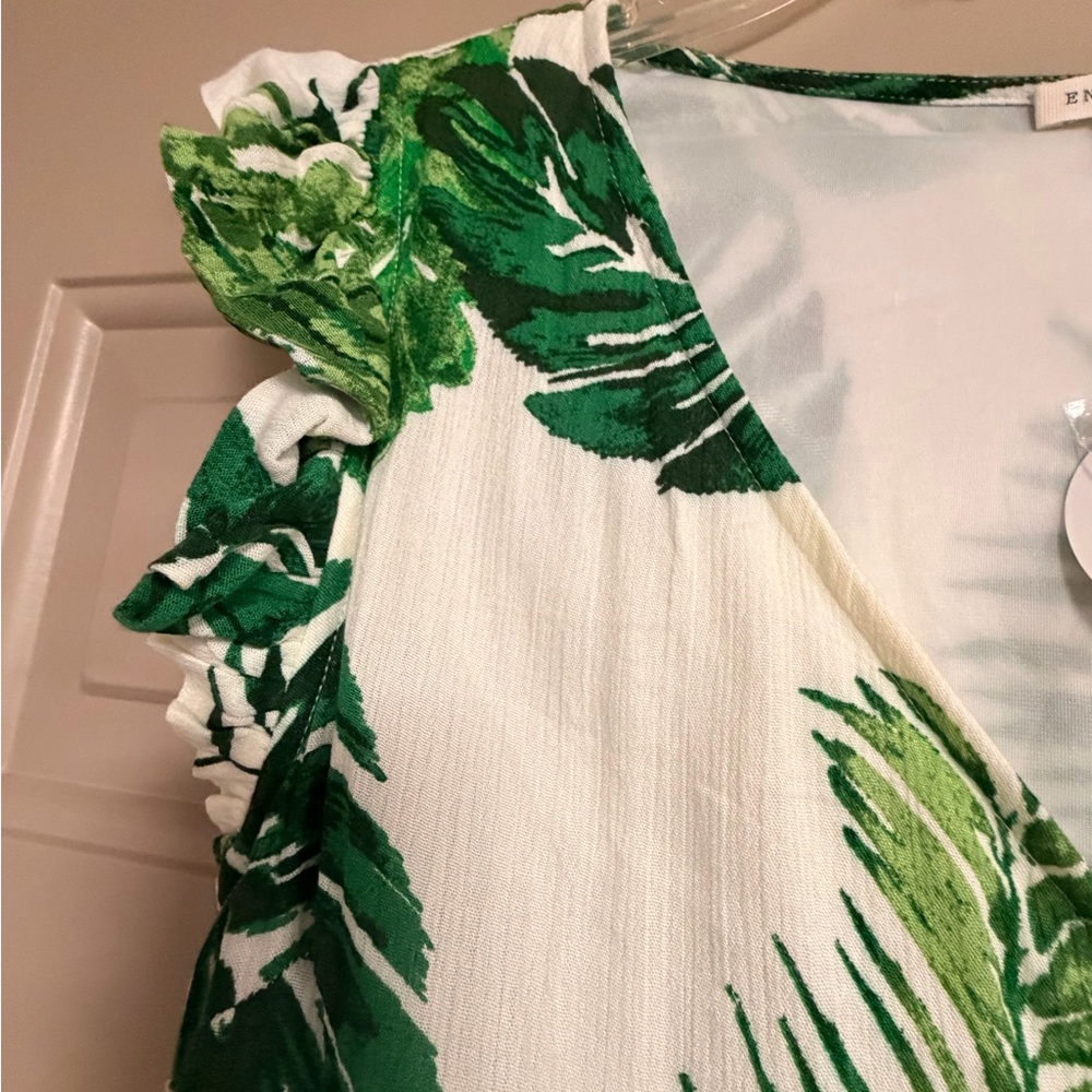 En Créme Women’s Size Large Tropical Green Leaf V-Neck Button-Front Dress - Picture 5 of 13